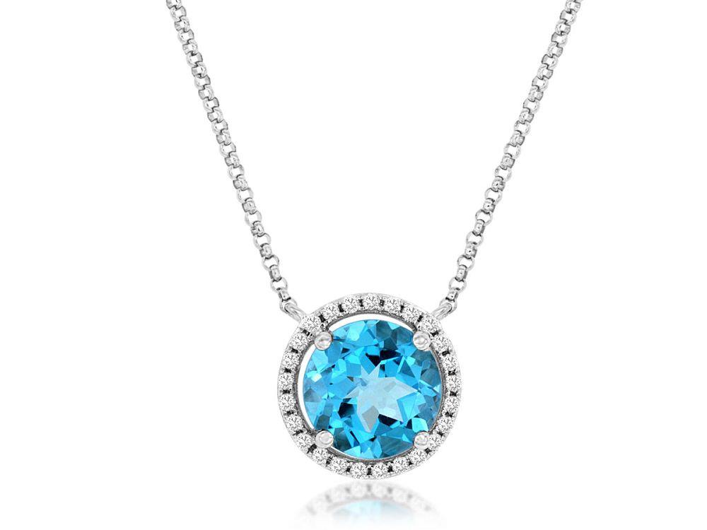 14kw Blue Topaz Diamond Halo Pendant