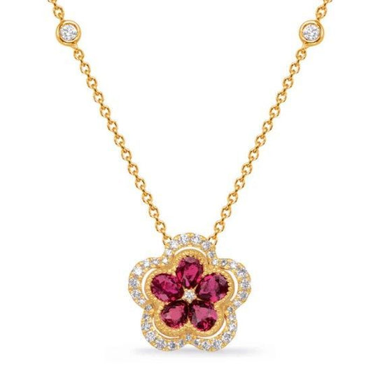 14ky Ruby and Diamond Flower Necklace